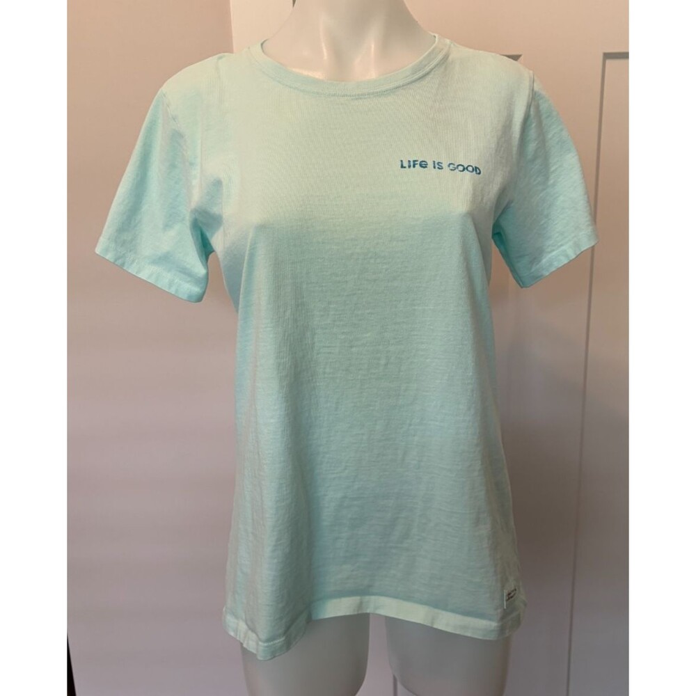LIFE IS GOOD Womens T-Shirt Short Sleeves Light GREEN Sunset Boat Size M